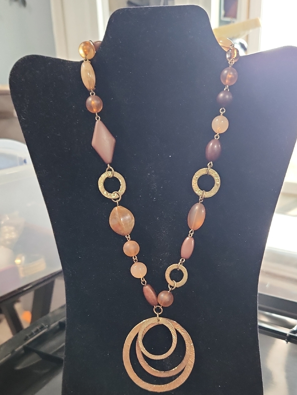 Long Brown Beaded Pendant Necklace with Gold Rings - Women Jewelry - 19" - 22"